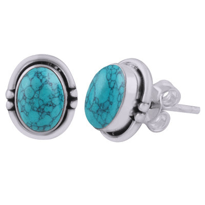 Stunning Handwork Around Turquoise Oval Shape 925 Sterling Solid Silver Studs Earrings - R6100598-3