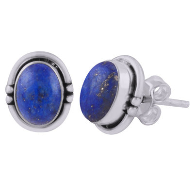 Stunning Handwork Around Lapis Oval Shape 925 Sterling Solid Silver Studs Earrings - R6100598-6
