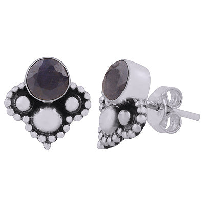 Authentic Handwork at Bottom Around Blue Corundum Round Shape 925 Sterling Solid Silver Studs Earrings - R6100600-10