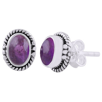 Beautifully Handcrafted Work Around Amethyst Oval Shape 925 Sterling Solid Silver Stud Earrings - R6100601-1