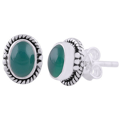 Beautifully Handcrafted Work Around Green Onyx Oval Shape 925 Sterling Solid Silver Stud Earrings - R6100601-14