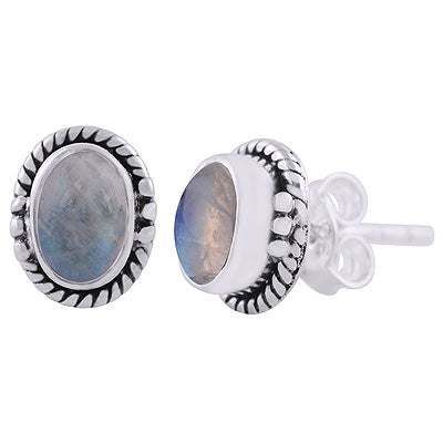 Beautifully Handcrafted Work Around Rainbow Moonstone Oval Shape 925 Sterling Solid Silver Stud Earrings - R6100601-4