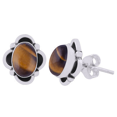 Alluring Oxidised Work Around Tiger's Eye Oval Shape 925 Sterling Solid Silver Stud Earrings - R6100602-18