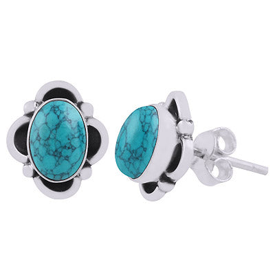 Alluring Oxidised Work Around Turquoise Oval Shape 925 Sterling Solid Silver Stud Earrings - R6100602-3