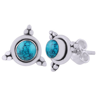 Alluring Rawa Work Around Turquoise Round Shape 925 Sterling Solid Silver Studs Earrings - R6100603-33