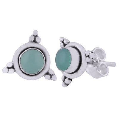 Alluring Rawa Work Around Aqua Chalcedony Round Shape 925 Sterling Solid Silver Studs Earrings - R6100603-40