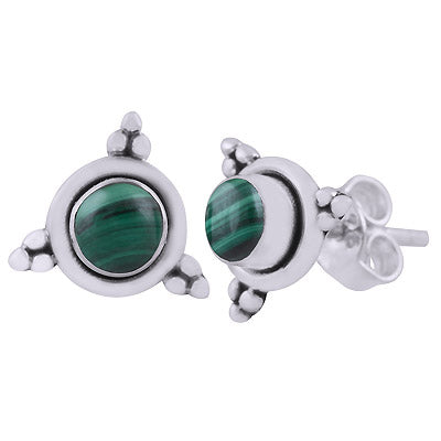 Alluring Rawa Work Around Malachite Round Shape 925 Sterling Solid Silver Studs Earrings - R6100603-42