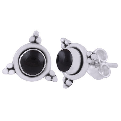 Alluring Rawa Work Around Black Onyx Round Shape 925 Sterling Solid Silver Studs Earrings - R6100603-44