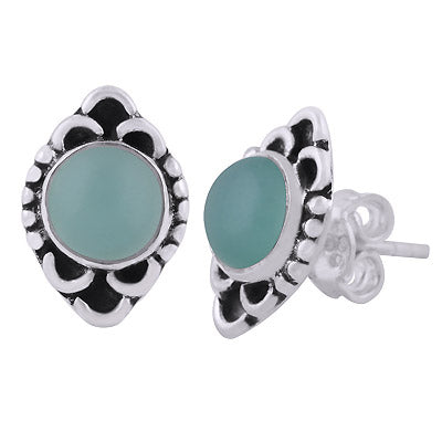 Stunning Oxidised Work Around Aqua Chalcedony Round Shape 925 Sterling Solid Silver Stud Earrings - R6100604-15