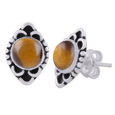 Stunning Oxidised Work Around Tiger's Eye Round Shape 925 Sterling Solid Silver Stud Earrings - R6100604-16