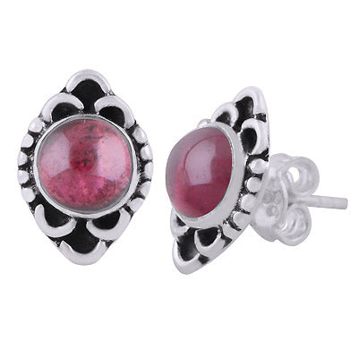 Stunning Oxidised Work Around Garnet Round Shape 925 Sterling Solid Silver Stud Earrings - R6100604-2