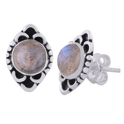 Stunning Oxidised Work Around Labradorite Round Shape 925 Sterling Solid Silver Stud Earrings - R6100604-5