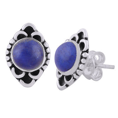 Stunning Oxidised Work Around Lapis Round Shape 925 Sterling Solid Silver Stud Earrings - R6100604-6