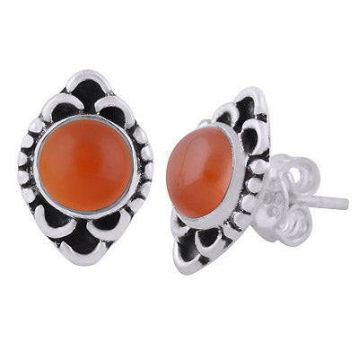 Stunning Oxidised Work Around Carnelian Round Shape 925 Sterling Solid Silver Stud Earrings - R6100604-7