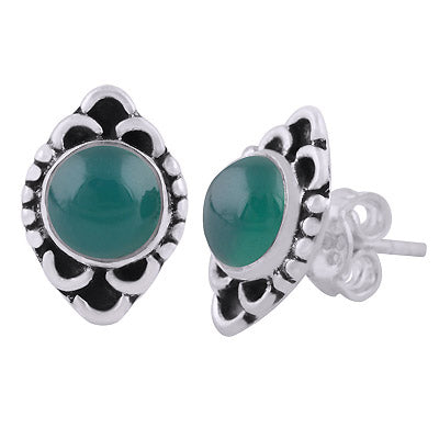 Stunning Oxidised Work Around Green Onyx Round Shape 925 Sterling Solid Silver Stud Earrings - R6100604-8