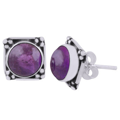 Gorgeous Oxidised Rawa Work Around Amethyst Round Shape 925 Sterling Solid Silver Stud Earrings - R6100605-1