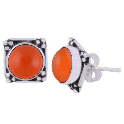 Gorgeous Oxidised Rawa Work Around Carnelian Round Shape 925 Sterling Solid Silver Stud Earrings - R6100605-13