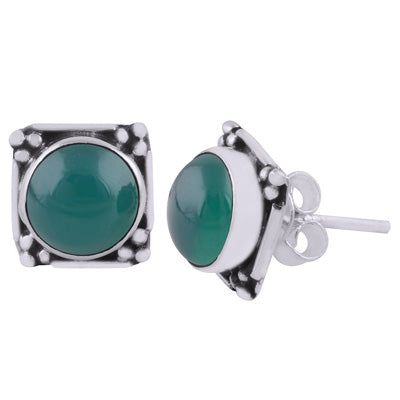 Gorgeous Oxidised Rawa Work Around Green Onyx Round Shape 925 Sterling Solid Silver Stud Earrings - R6100605-14