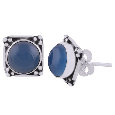 Gorgeous Oxidised Rawa Work Around Blue Chalcedony Round Shape 925 Sterling Solid Silver Stud Earrings - R6100605-15