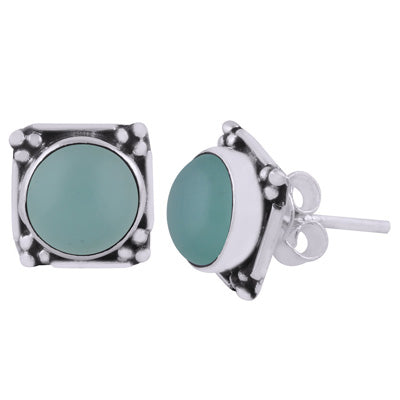 Gorgeous Oxidised Rawa Work Around Aqua Chalcedony Round Shape 925 Sterling Solid Silver Stud Earrings - R6100605-16