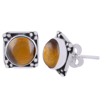Gorgeous Oxidised Rawa Work Around Tiger's Eye Round Shape 925 Sterling Solid Silver Stud Earrings - R6100605-17