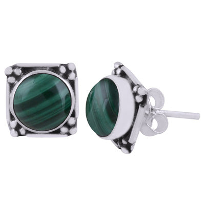 Gorgeous Oxidised Rawa Work Around Malachite Round Shape 925 Sterling Solid Silver Stud Earrings - R6100605-18