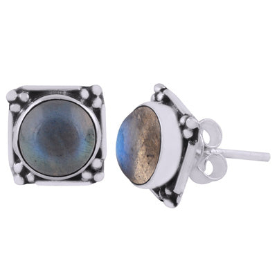 Gorgeous Oxidised Rawa Work Around Labradorite Round Shape 925 Sterling Solid Silver Stud Earrings - R6100605-5