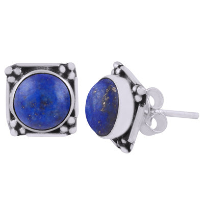 Gorgeous Oxidised Rawa Work Around Lapis Round Shape 925 Sterling Solid Silver Stud Earrings - R6100605-6