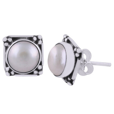 Gorgeous Oxidised Rawa Work Around Pearl Round Shape 925 Sterling Solid Silver Stud Earrings - R6100605-8