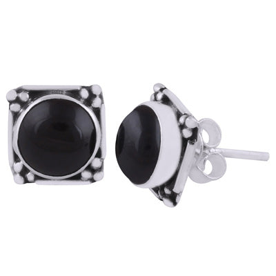 Gorgeous Oxidised Rawa Work Around Black Onyx Round Shape 925 Sterling Solid Silver Stud Earrings - R6100605-9