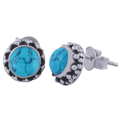 Beautiful Rawa Work Around Turquoise Round Shape 925 Sterling Solid Silver Studs Earrings - R6100607-33