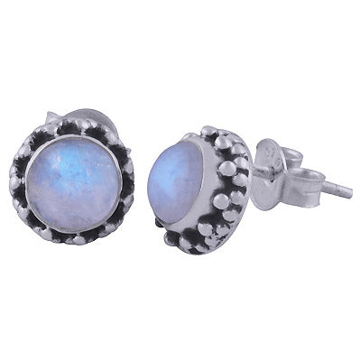 Beautiful Rawa Work Around Rainbow Moonstone Round Shape 925 Sterling Solid Silver Studs Earrings - R6100607-34