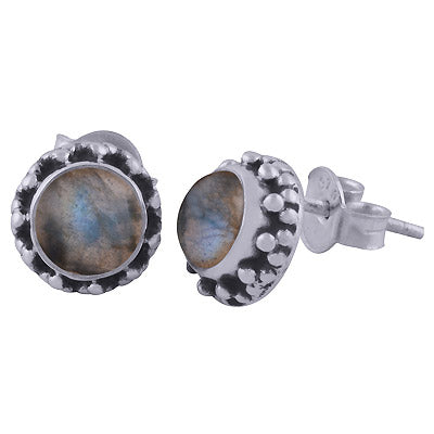 Beautiful Rawa Work Around Labradorite Round Shape 925 Sterling Solid Silver Studs Earrings - R6100607-35