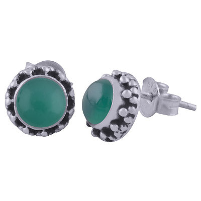 Beautiful Rawa Work Around Green Onyx Round Shape 925 Sterling Solid Silver Studs Earrings - R6100607-38
