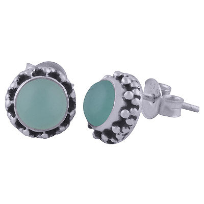 Beautiful Rawa Work Around Aqua Chalcedony Round Shape 925 Sterling Solid Silver Studs Earrings - R6100607-40