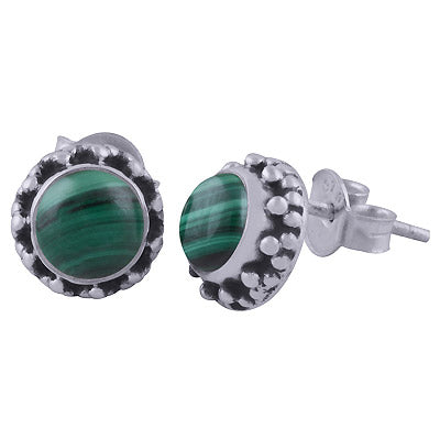 Beautiful Rawa Work Around Malachite Round Shape 925 Sterling Solid Silver Studs Earrings - R6100607-42