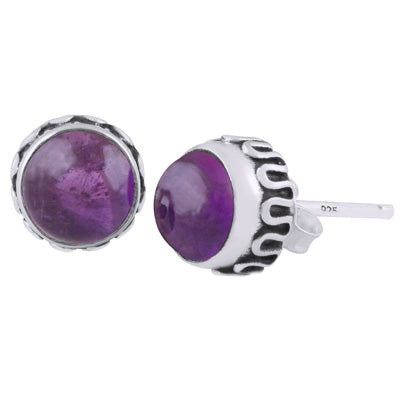 Stunning Handcrafted Work Around Amethyst Round Shape 925 Sterling Solid Silver Stud Earrings - R6100609-1