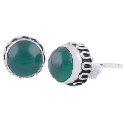 Stunning Handcrafted Work Around Green Onyx Round Shape 925 Sterling Solid Silver Stud Earrings - R6100609-16