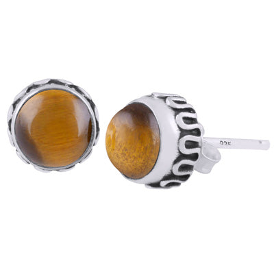 Stunning Handcrafted Work Around Tiger's Eye Round Shape 925 Sterling Solid Silver Stud Earrings - R6100609-8