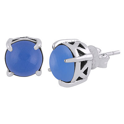 Stunning Handcrafted Jali Work Around Blue Chalcedony Round Shape 925 Sterling Solid Silver Studs Earrings - R6100616-9