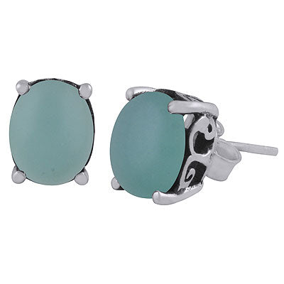 Beautiful Oxidised Work Around Aqua Chalcedony Oval Shape 925 Sterling Solid Silver Studs Earrings - R6100617-10