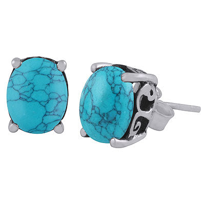 Beautiful Oxidised Work Around Turquoise Oval Shape 925 Sterling Solid Silver Studs Earrings - R6100617-3