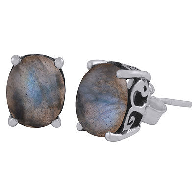Beautiful Oxidised Work Around Labradorite Oval Shape 925 Sterling Solid Silver Studs Earrings - R6100617-5