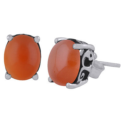 Beautiful Oxidised Work Around Carnelian Oval Shape 925 Sterling Solid Silver Studs Earrings - R6100617-7