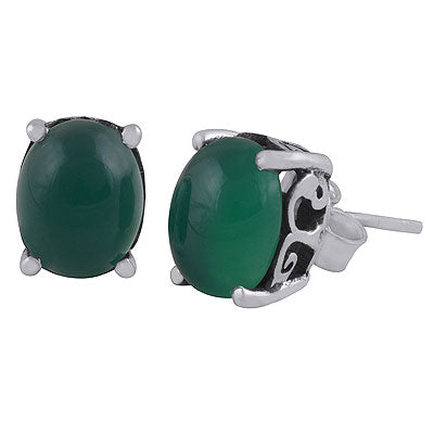 Beautiful Oxidised Work Around Green Onyx Oval Shape 925 Sterling Solid Silver Studs Earrings - R6100617-8