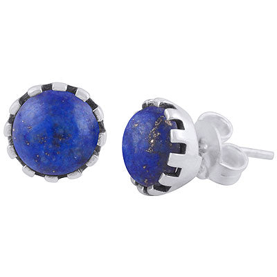 Beautiful Setting Around Lapis Round Shape 925 Sterling Solid Silver Studs Earrings - R6100618-6