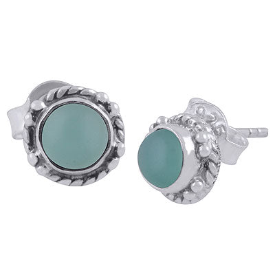 Alluring Twisted Wire Work Around Aqua Chalcedony Round Shape 925 Sterling Solid Silver Studs Earrings - R6100620-10