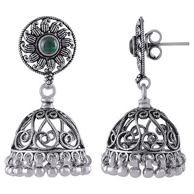 Gorgeous Jhumkas Handcrafted With Green Corundum Round Shape 925 Sterling Solid Silver Studs Earrings - R6100621-2