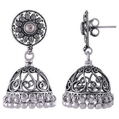 Gorgeous Jhumkas Handcrafted With White Cubic Zirconia Round Shape 925 Sterling Solid Silver Studs Earrings - R6100621-3