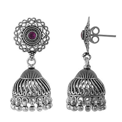 Alluring Jhumkas Handcrafted With Red Corundum Round Shape 925 Sterling Solid Silver Studs Earrings - R6100621-4